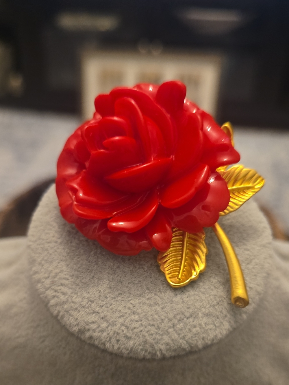 Red Rose Brooch Pin with Gold Leaves - Women Jewelry